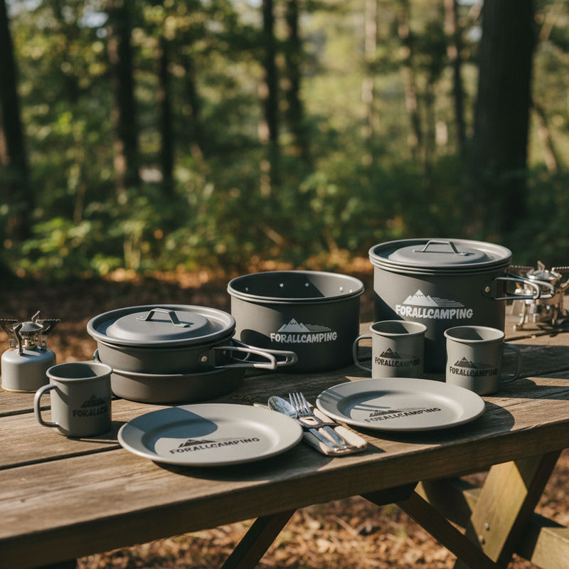 Premium FORALLCAMPING Cookware & Tableware on California meadow