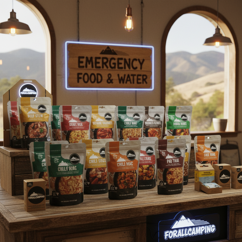 Premium FORALLCAMPING Emergency Food & Water on California meadow