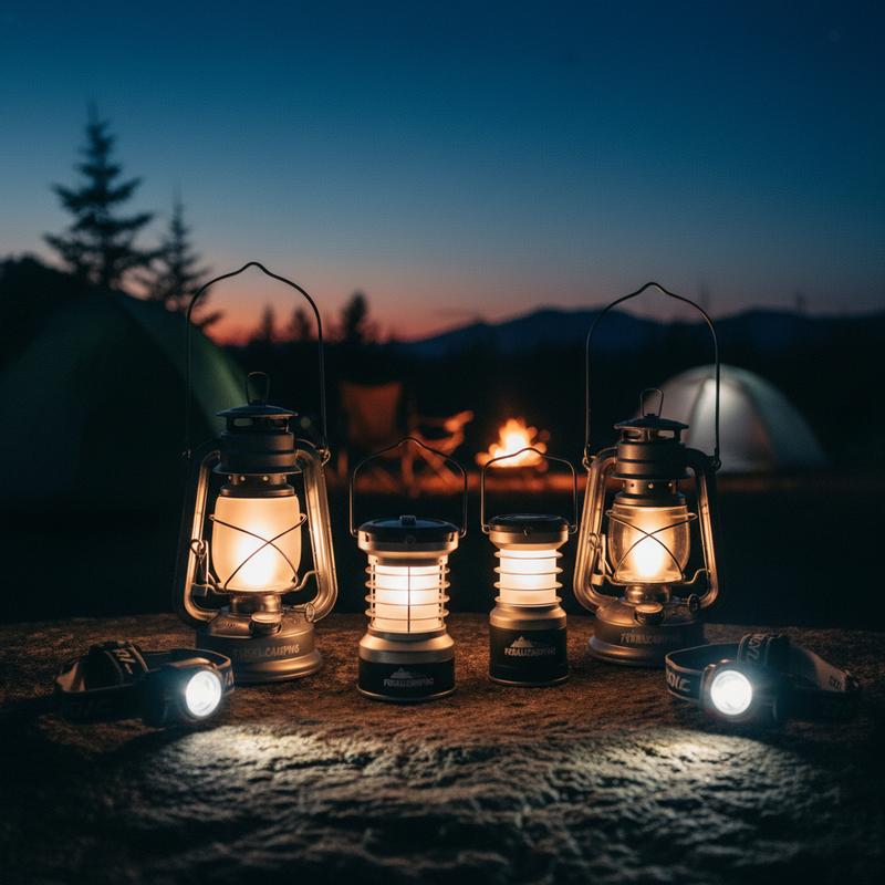 Premium FORALLCAMPING Lanterns & Headlamps on California meadow