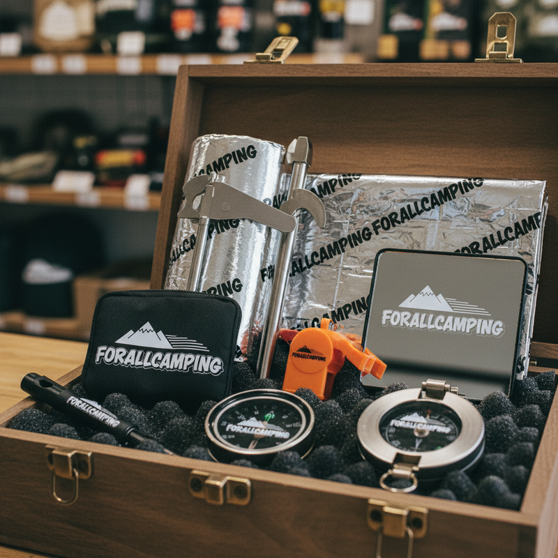 Premium FORALLCAMPING Survival Gear on California meadow