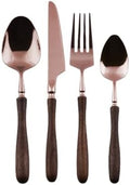 Gold Silverware Set Walnut Flatware Set, Kitchen Tableware Set 304 Stainless Steel Flatware Cutlery Set,Forks Spoons and Knives Set for Home/Camping/Travel,Mirror Finish (Gold 24PieceSetfor6Rose)