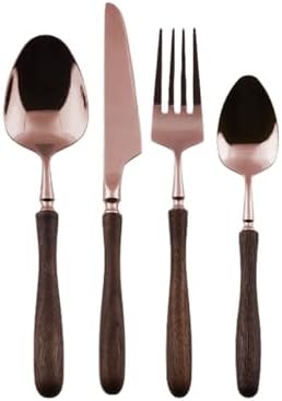 Gold Silverware Set Walnut Flatware Set, Kitchen Tableware Set 304 Stainless Steel Flatware Cutlery Set,Forks Spoons and Knives Set for Home/Camping/Travel,Mirror Finish (Gold 24PieceSetfor6Rose)