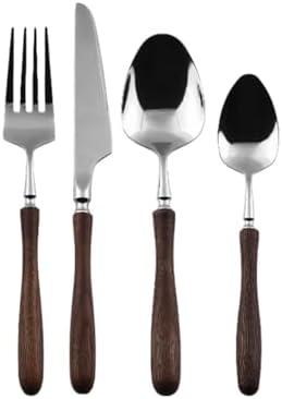 Gold Silverware Set Walnut Flatware Set, Kitchen Tableware Set 304 Stainless Steel Flatware Cutlery Set,Forks Spoons and Knives Set for Home/Camping/Travel,Mirror Finish (Silver 24PieceSetfor6)