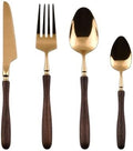 Gold Silverware Set Walnut Flatware Set, Kitchen Tableware Set 304 Stainless Steel Flatware Cutlery Set,Forks Spoons and Knives Set for Home/Camping/Travel,Mirror Finish (Gold 32PieceSetfor8)