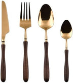 Gold Silverware Set Walnut Flatware Set, Kitchen Tableware Set 304 Stainless Steel Flatware Cutlery Set,Forks Spoons and Knives Set for Home/Camping/Travel,Mirror Finish (Gold 24PieceSetfor6)