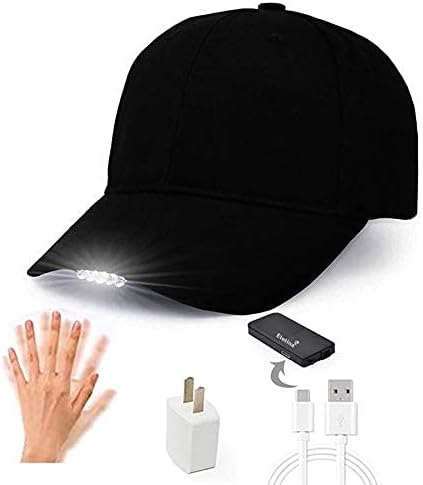 ELETINA Rechargeable Baseball Cap LED Headlight with USB Cable and Battery, Suitable for Outdoor Camping Night Fishing, Mountain Climbing, Night Riding/Hiking and Auto Repair (Black)