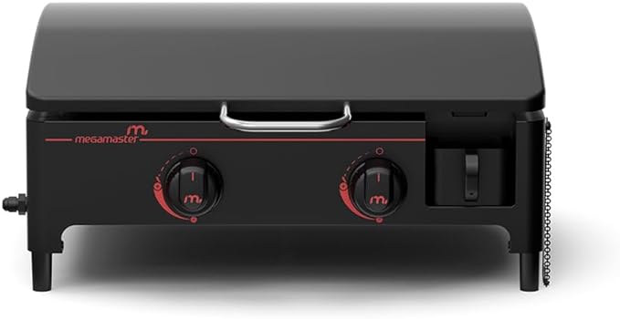 Megamaster 2-Burner Portable Gas Griddle with Built-In Lid, 18,000 BTUs, 282 SQ In Cooking Space, Small Tabletop Propane Griddle for Outdoor Cooking, Camping, BBQs, and Parties - 820-0054D
