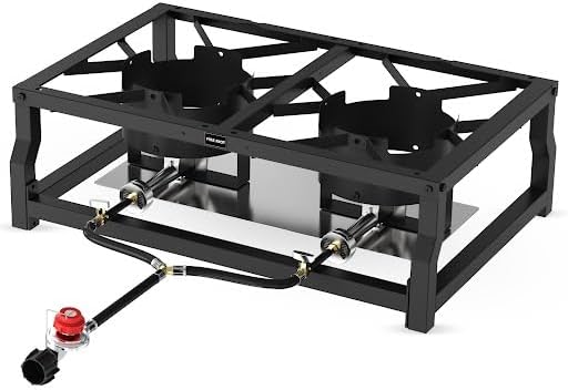 Tabletop Double Burner Camp Stove - 100,000 BTU Portable Propane Gas Cooker with CSA Regulator - Heavy-Duty Steel Frame for Camping, BBQ & Outdoor Cooking