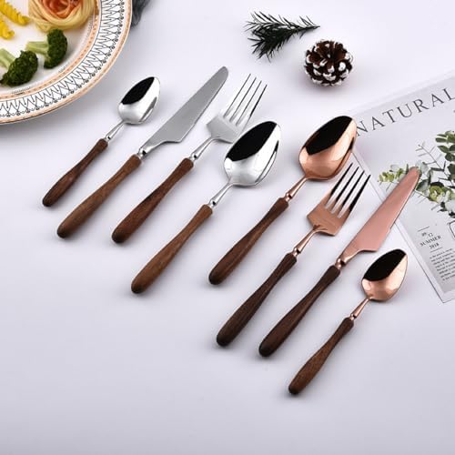 Gold Silverware Set Walnut Flatware Set, Kitchen Tableware Set 304 Stainless Steel Flatware Cutlery Set,Forks Spoons and Knives Set for Home/Camping/Travel,Mirror Finish (Gold 24PieceSetfor6)