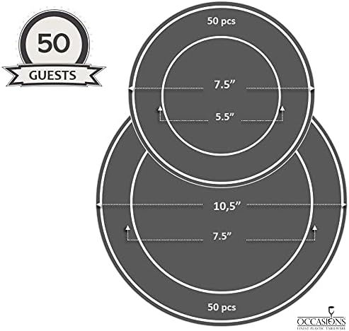 OCCASIONS 50 Piece Disposable Plastic Plates Set for 25 Guests – Heavy Duty 10.5" Dinner & 7.5" Dessert Plates, Elegant Party Plates for Weddings, Fancy Events, BPA-Free – Louvre in White w/Blue