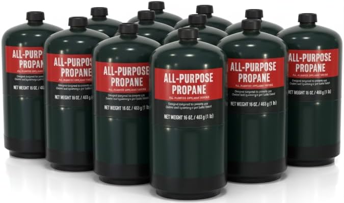 Propane Replacement Fuel Cylinders Camping- 16 Oz (12 Pack) Factory Pre-filled and Ready to Use