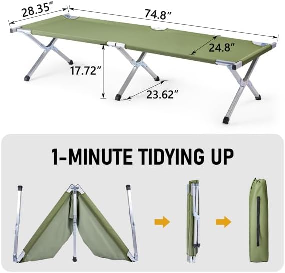 Portable Folding Camping Cot, Heavy Duty Sleeping Bed with Carrying Bag, 610D Oxford Cloth & Lightweight Aluminum Frame, 275lbs Load, Outdoor Cot for Adults, Travel, Hiking, Office (Green, 4 Pack)