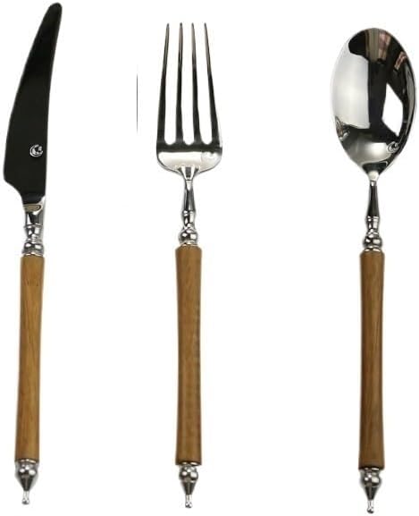 Silverware Flatware Cutlery Set， 3/12/18/24/30/36 Pcs 304 Stainless Steel Knife， Fork and Spoon Cutlery Creative Yellow Wood Handle Cutlery Set，Red-30 Pieces for 10