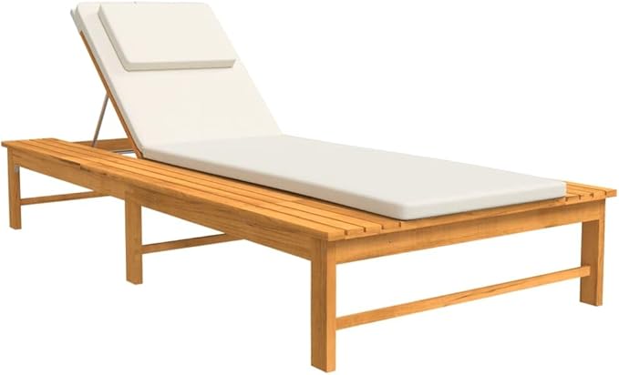 Sun Lounger with Cream White Cushion and Pillow Solid Wood Acaciapatio Chairs Outdoor Lounge Chairs Tanning Chair Recliner chairSuitable for Gardens, courtyards