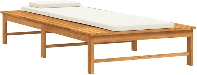 Sun Lounger with Cream White Cushion and Pillow Solid Wood Acaciapatio Chairs Outdoor Lounge Chairs Tanning Chair Recliner chairSuitable for Gardens, courtyards