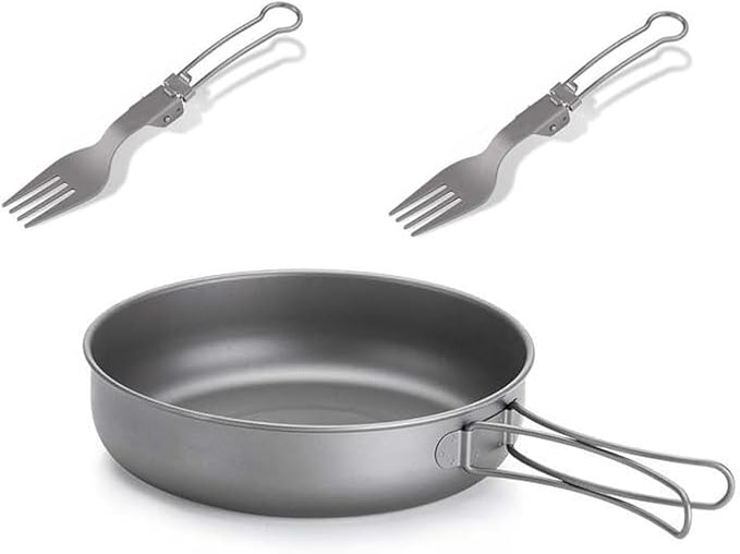 1SET Outdoor Pure Titanium Frying Pan Foldable Fork Set Camping Portable Pot and Tableware(Small)