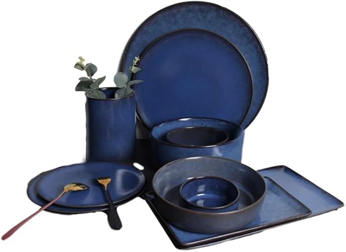 Camping Plates Blue Ceramic Tableware Nordic Style Western Steak Plate Sushi Rice Bowl Soup Salad Noodle Decorative Plate(3PCS)