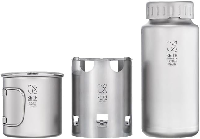 Keith Titanium Ti3070 Nesting Camp Set - Ultralight Plastic-Free Titanium Bottle, Mug & Wood Stove with Canvas Carry Bag - Durable, Portable, and Eco-Friendly for Camping, Hiking & Outdoor Adventures