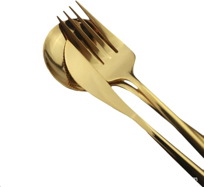 6/24/36/48/60/72 Pieces Stainless Steel Travel Camping Portable Tableware Set Straw Table Knife Spoon Fork Cleaning Brush Storage Bag(Gold,1Set-6Pcs)