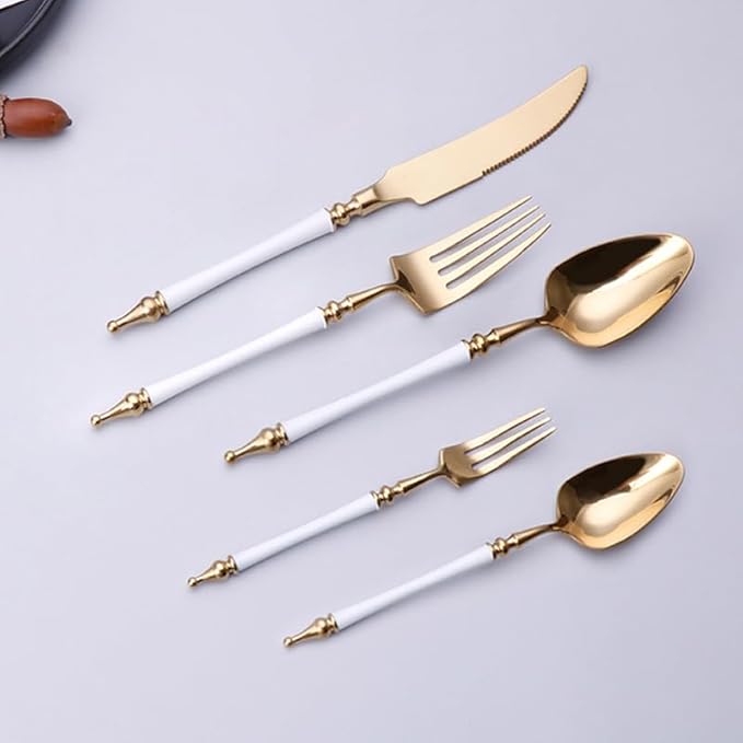 Stainless Steel Silverware Set, 5-Piece Retro Cutlery for Home & Hotel, Knife & Fork Spoon Set, Elegant Tableware, Durable Royal Design, Perfect for Steak & Dining