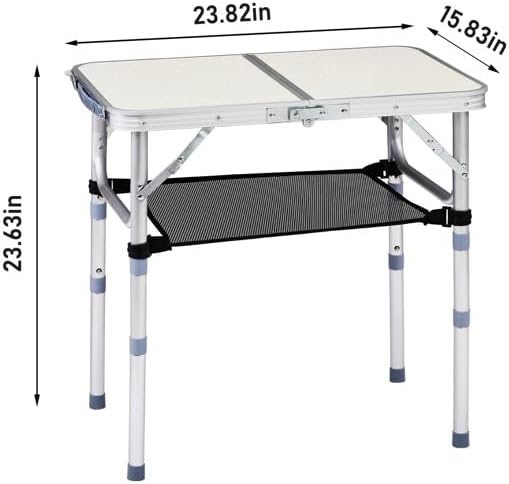 Outdoor Folding Camping Table, 2ft Adjustable Height Portable, Lightweight Aluminum Foldable Table with Carry Handle & Mesh Storage Shelf for Patio, Beach, BBQ, Camping & Hiking