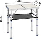 Outdoor Folding Camping Table, 2ft Adjustable Height Portable, Lightweight Aluminum Foldable Table with Carry Handle & Mesh Storage Shelf for Patio, Beach, BBQ, Camping & Hiking