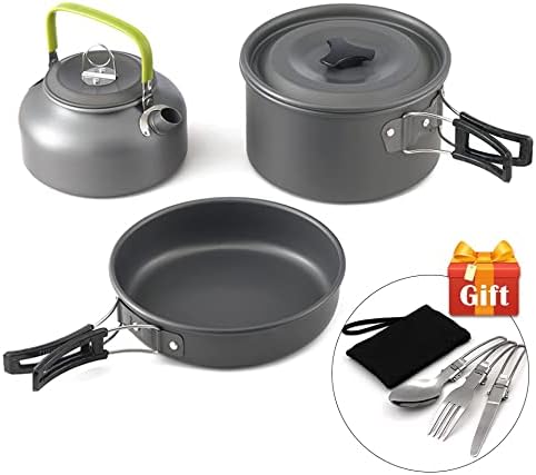 -Light Aluminum Alloy Camping Cookware Utensils Outdoor Cooking Teapot Picnic Tableware Kettle Pot Frying Pan 3pcs/Set