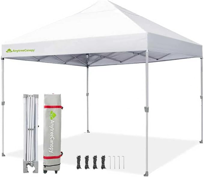 Anytee-10x10 Pop Up Canopy Tent, Easy Up Waterproof Outdoor Canopy with Wheeled Bag, Sun Shade for Patio, Backyard, Parties, Camping-White