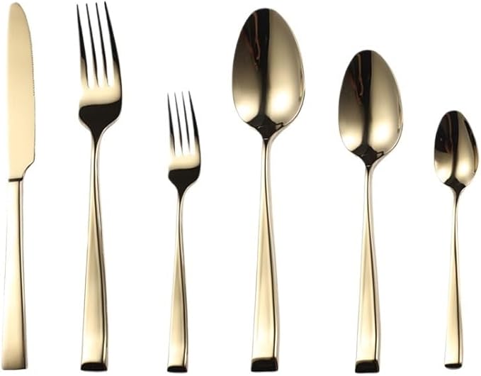 Cutlery Set Pieces Service Stainless Steel Titanium Flatware,16-piece Flatware Set, 4 Servings Tableware, Stainless Steel Cutlery, Including Knife, Fork and Spoon Teaspoon with Gold Wooden
