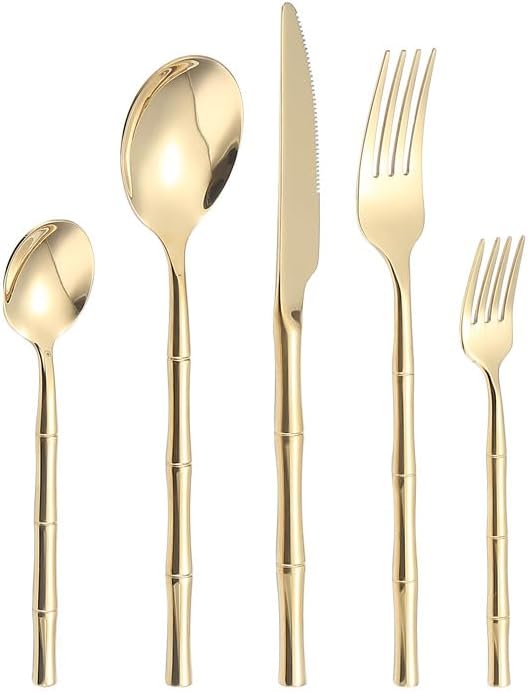 Premium Stainless Steel Silverware Set, 20/30/40/50/60pcs Cutlery Flatware with Black Handle, Knife, Fork, Spoon - Elegant Gold Accent Options Available