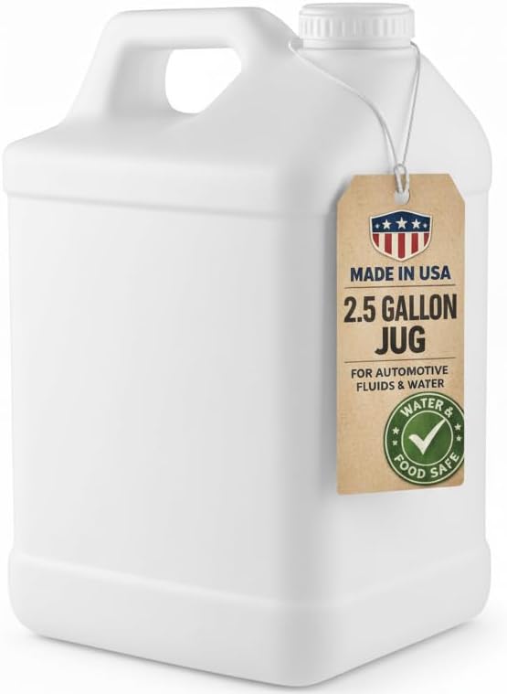 kitchentoolz 2.5 Gallon Water Jug – Heavy-Duty HDPE Carboy for Automotive Used Oil & Liquid Storage – 10 Quart Mixing Container with Secure Lid – Made in USA - White