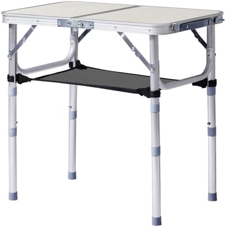 Outdoor Folding Camping Table, 2ft Adjustable Height Portable, Lightweight Aluminum Foldable Table with Carry Handle & Mesh Storage Shelf for Patio, Beach, BBQ, Camping & Hiking