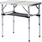 Outdoor Folding Camping Table, 2ft Adjustable Height Portable, Lightweight Aluminum Foldable Table with Carry Handle & Mesh Storage Shelf for Patio, Beach, BBQ, Camping & Hiking