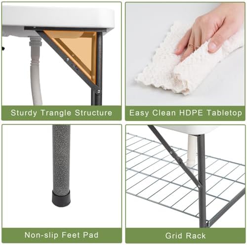 40" Folding Fish Cleaning Camping Table w/Faucet & Sink, Outdoor Portable Fillet Station w/Grid Frame, Knife Groove, Multifunctional Washing Table for Camping or Kitchen, White