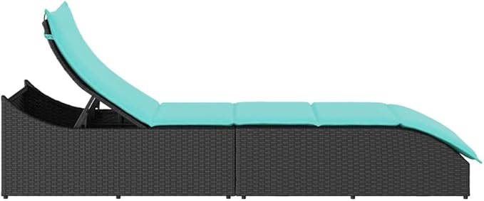 Folding Sun Lounger with Cushion and Storage Black Poly Rattanpatio Tanning Chair Camping Chairs Recliner Suitable for Garden Courtyard