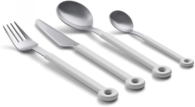 mono Ring Flatware Sets in Black, White, Blue and Grey (White, 4pc Set)