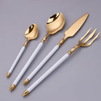 48pcs gold flaware set for 12,stainless steel silverware set,Tableware Sets for 12 Including Forks Spoons Knives, Gold knife and fork long white handle Camping Silverware Travel Utensils Set Cutlery