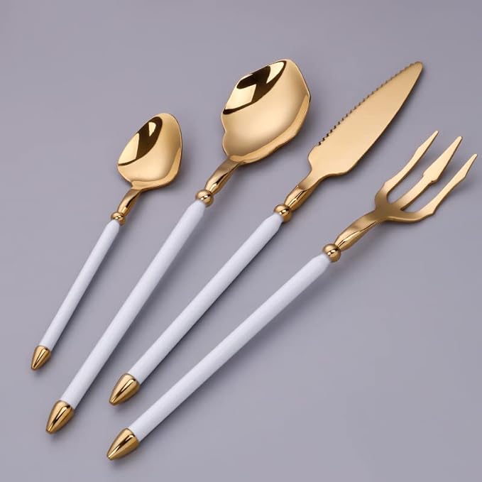 24pcs gold flaware set for 6,stainless steel silverware set,Tableware Sets for 6 Including Forks Spoons Knives, Gold knife and fork long white handle Camping Silverware Travel Utensils Set Cutlery