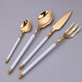 32pcs gold flaware set for 8,stainless steel silverware set,Tableware Sets for 8 Including Forks Spoons Knives, Gold knife and fork long white handle Camping Silverware Travel Utensils Set Cutlery