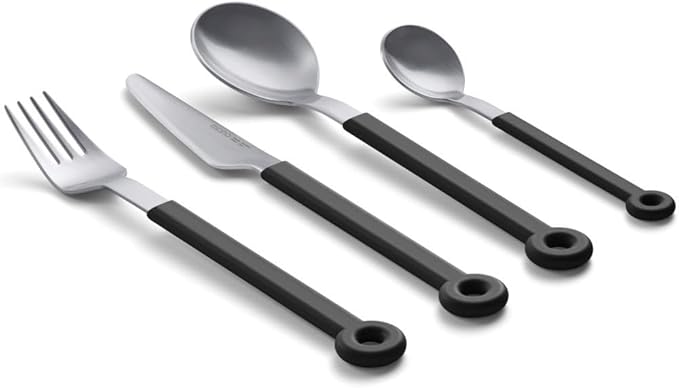 mono Ring Flatware Sets in Black, White, Blue and Grey (Black, 4pc Set)