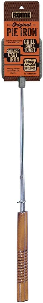 ROME Square Cast Iron Pie Iron Sandwich Cooker For Campfire Fire Pit and BBQ Use, Original Iconic Design, 28" Long With Steel Rods and Wood Handles #1705