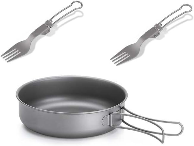 1SET Outdoor Pure Titanium Frying Pan Foldable Fork Set Camping Portable Pot and Tableware(Large)