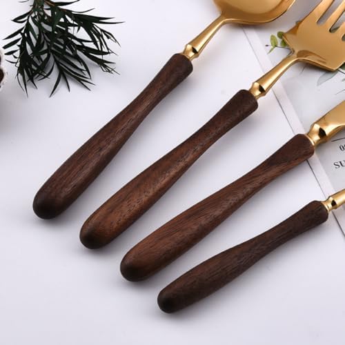 Gold Silverware Set Walnut Flatware Set, Kitchen Tableware Set 304 Stainless Steel Flatware Cutlery Set,Forks Spoons and Knives Set for Home/Camping/Travel,Mirror Finish (Silver 32PieceSetfor8)