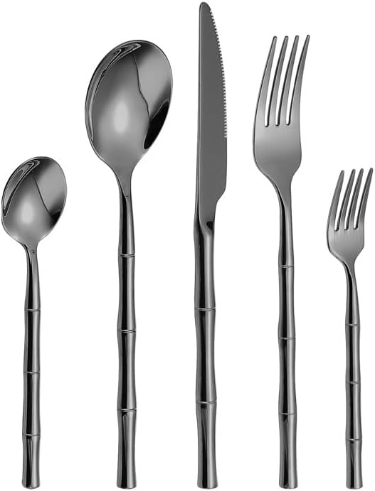Premium 304 Stainless Steel Silverware Set - 5/20/30/40/50/60pcs Cutlery Set with Elegant Black Handles - Knife, Fork, and Spoon - Perfect for Home & Events