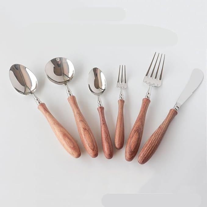 Silverware Flatware Cutlery Set， 6/24/36/48/60/72pcs Steak Knife and Fork Cutlery Wooden Handle Spoon Cutlery Set 304 Stainless Steel Dessert Fork and Spoon，Silver-48 Pieces for 8