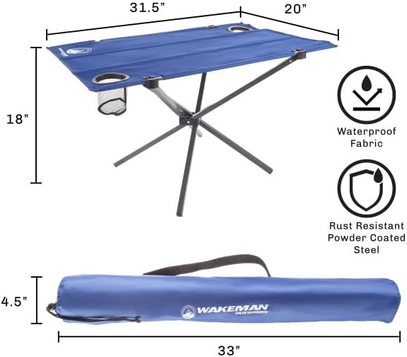 Camp Table - Outdoor Folding Table with 4 Cupholders and Carrying Bag for Camping, Beach, Picnic, Sporting Events, and More by Wakeman Outdoors | Outdoor, 4 Cupholders, Carrying Bag, Camping, Beach, Picnic