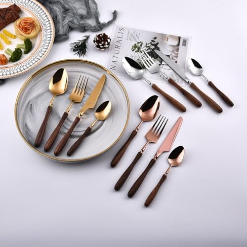 Gold Silverware Set Walnut Flatware Set, Kitchen Tableware Set 304 Stainless Steel Flatware Cutlery Set,Forks Spoons and Knives Set for Home/Camping/Travel,Mirror Finish (Silver 32PieceSetfor8)