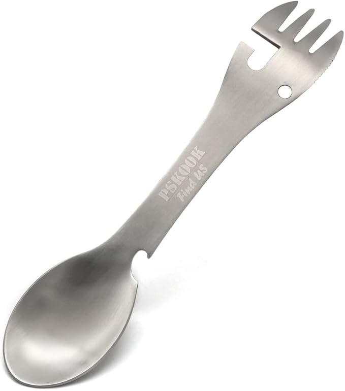 PSKOOK 5-in-1 Utility Tactical Spork, Stainless Steel Spoon & Bottle Opener, Fork & Knife, Can Opener Combo Camping Utensil for Hiking, Camping or Backpacking (Matte Silver)