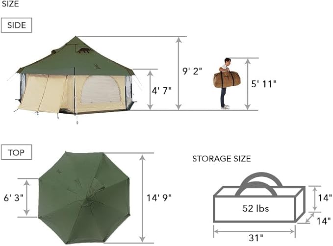 DOD Takenoko Bell Tent – Luxury 4-Season Glamping Tent | 150 sq ft Spacious Interior, Removable Floor, Canvo™ Roof, Mesh Walls, Full 360° Access | Premium Family Camping Shelter