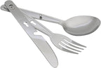 4-in-1 Camping Utensils Hiking Cutlery Set for 4, Portable Stainless Steel Flatware Spoon Fork, Knife & Bottle Opener Combo pack for Picnic Travel, Barbecue, Backpack Outdoor Gear with Carrying Bag